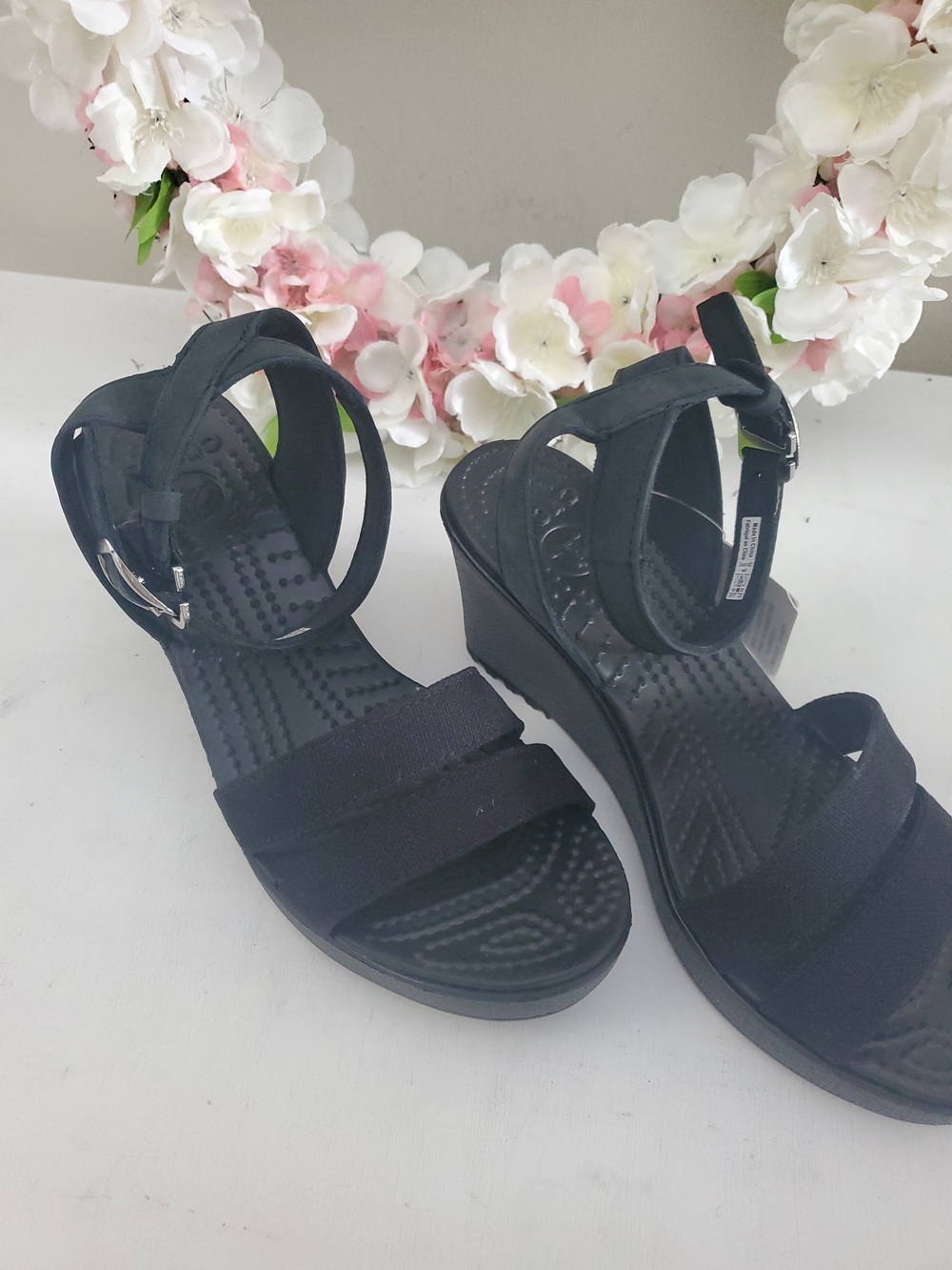 Crocs Women’s Black Wedge Sandals with Ankle Strap